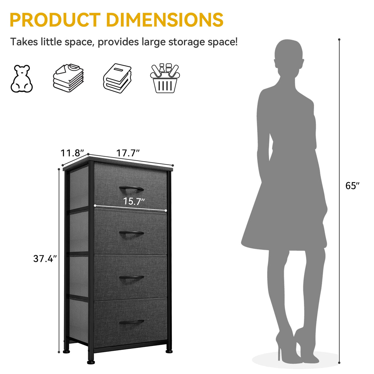 Storage Tower with 4 Drawers - Fabric Dresser, Organizer Unit for Bedroom, Living Room