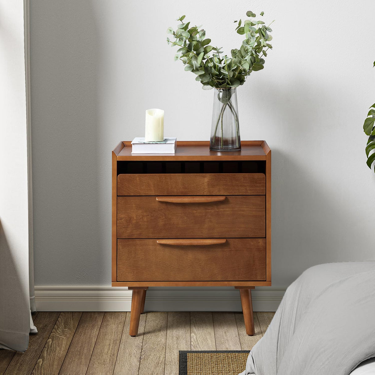 HULALA HOME Nightstand with Charging Station, Mid-Century Modern 2 Drawer and Open Shelf Bedside Tables, Wood Night Stand with USB Ports and Outlets for Bedroom, Acorn