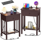 White Nightstand with Charging Station Set of 2, Bamboo Bedside Table Set