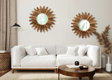 2 Pack 22 Inch Boho Wall Sunburst Mirror Rustic Round Wood Decorative Mirror Boho Wall