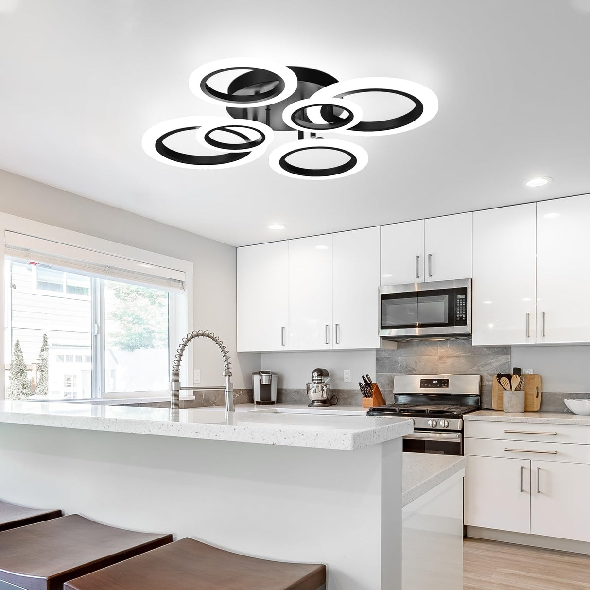 32" Modern LED Ceiling Light - Dimmable 6-Ring Semi Flush Mount