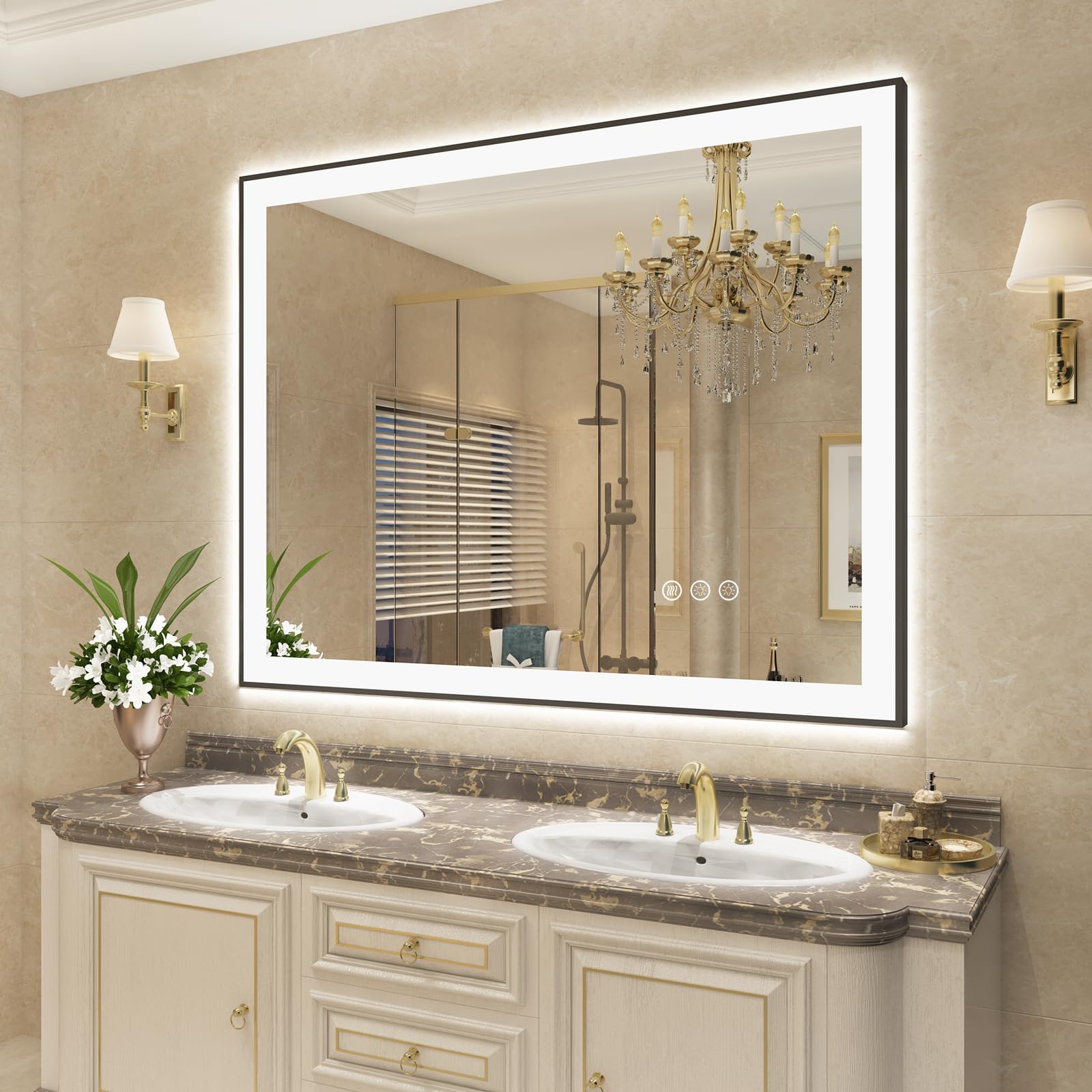 48x 36 Led Lighted Mirror for Bathroom Wall, Modern Vanity Mirror with Black Trim,