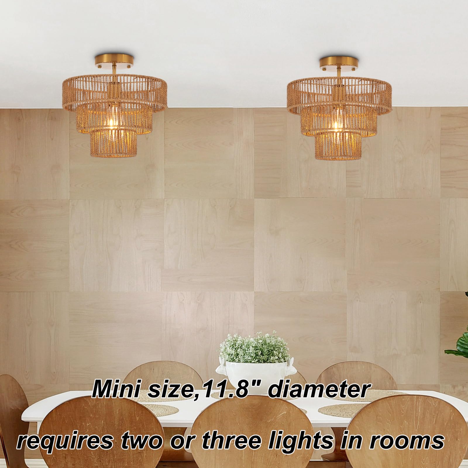 Hand-Woven Rattan Semi Flush Mount Ceiling Light Fixture Vintage Farmhouse Boho