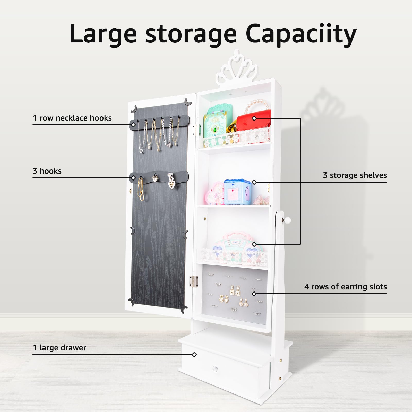 Kids Jewelry Armoire Cabinet, Jewelry Organizer with Standing Full-Length Mirror
