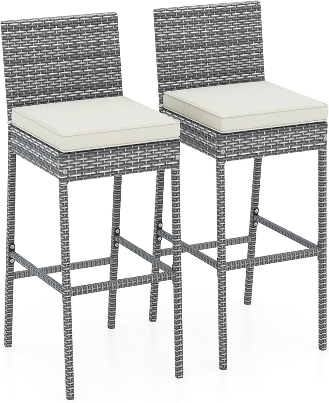 Outdoor Bar Stools Set of 2 - Wicker Rattan Patio Barstools Tall Chairs w/Back, Footrest