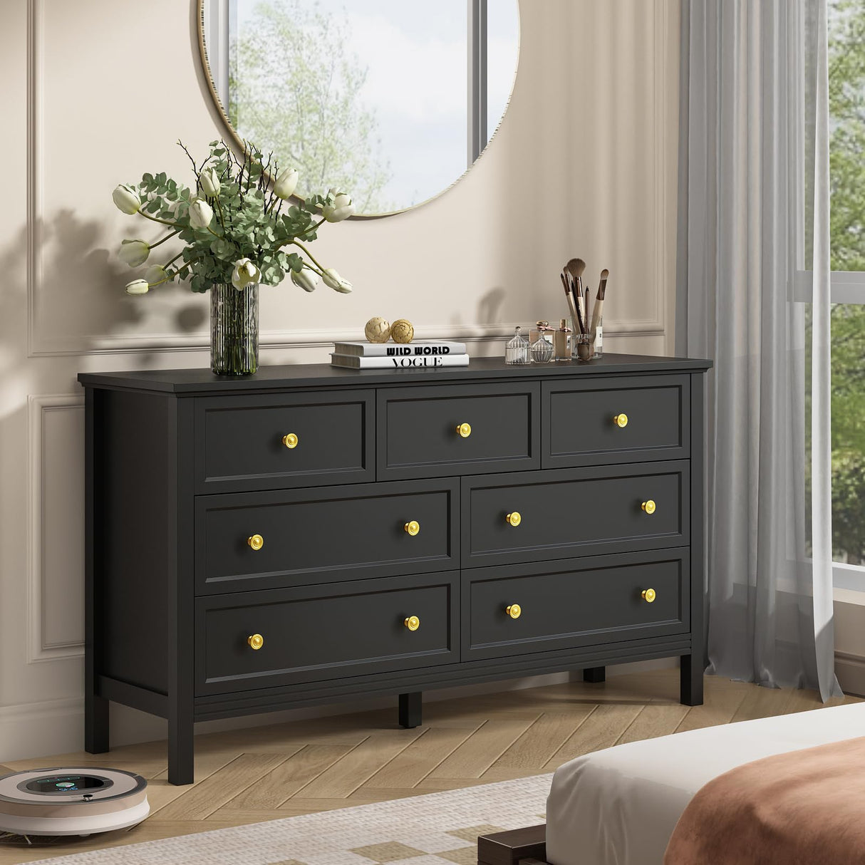 Black Dresser for Bedroom, 7 Drawer Dresser with Wide Drawers