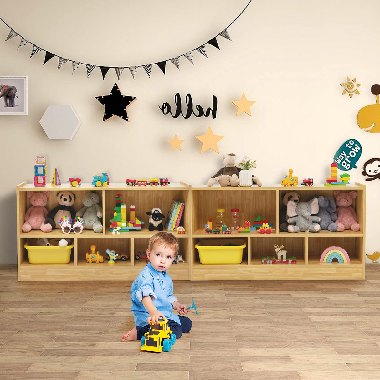 kids Toy Storage Organizer, 5-Section Storage Daycare Shelf for Preschool, Children 2-Tier Open Wooden Display Book Shelf Organizer for Classroom, Playroom & Nursery, Kindergarten(Yellow)