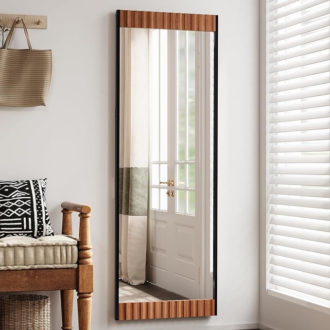 Wood Full Length Mirror with Stand, Large Wall Mirror Full Length Fluted Texture