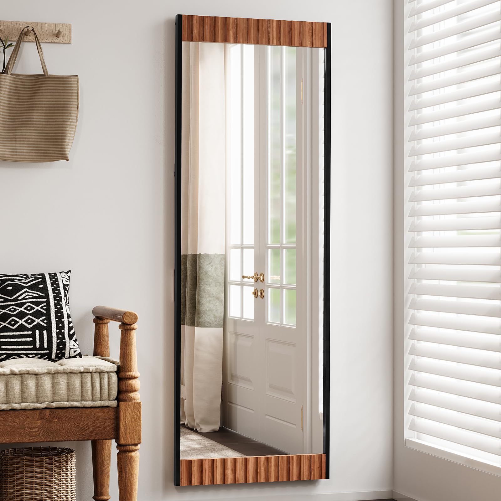 Wood Full Length Mirror with Stand, Large Wall Mirror Full Length Fluted Texture