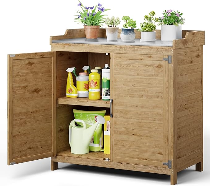 Outdoor Potting Bench with Metal Tabletop, Outdoor Garden Patio Wooden Storage Cabinet with Adjustable Shelf, Double Doors Garden Work Bench for Backyard, Patio, Lawn - Grey