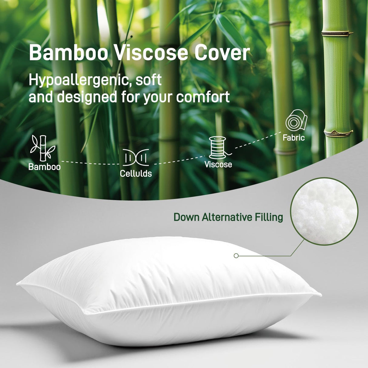 Hypoallergenic Bamboo Viscose Shell, Soft King Size Bed Pillow with Down Alternative Filling, Oeko-Tex Certified, Luxury Hotel Quality for Back, Stomach and Side Sleepers