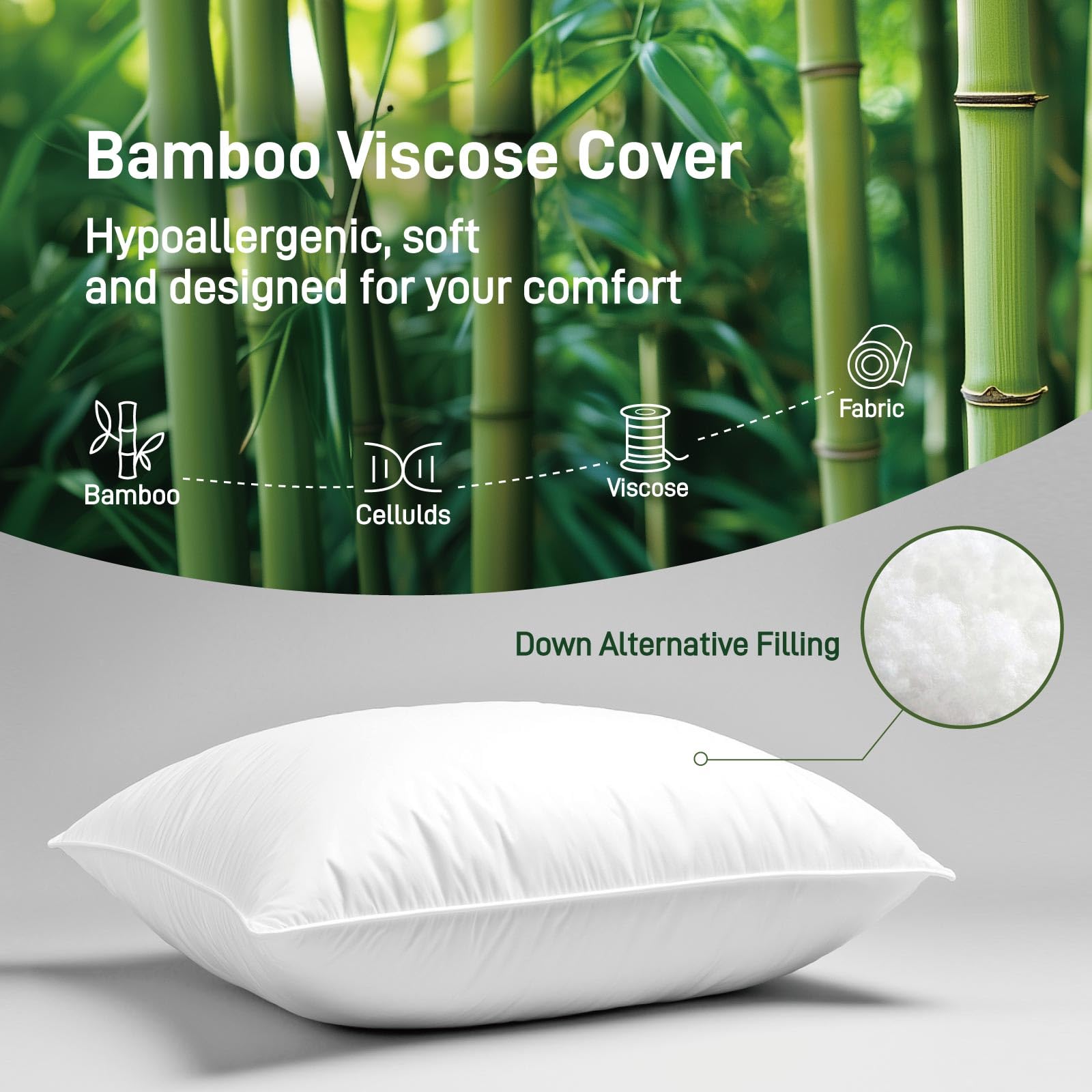 Hypoallergenic Bamboo Viscose Shell, Soft King Size Bed Pillow with Down Alternative Filling, Oeko-Tex Certified, Luxury Hotel Quality for Back, Stomach and Side Sleepers