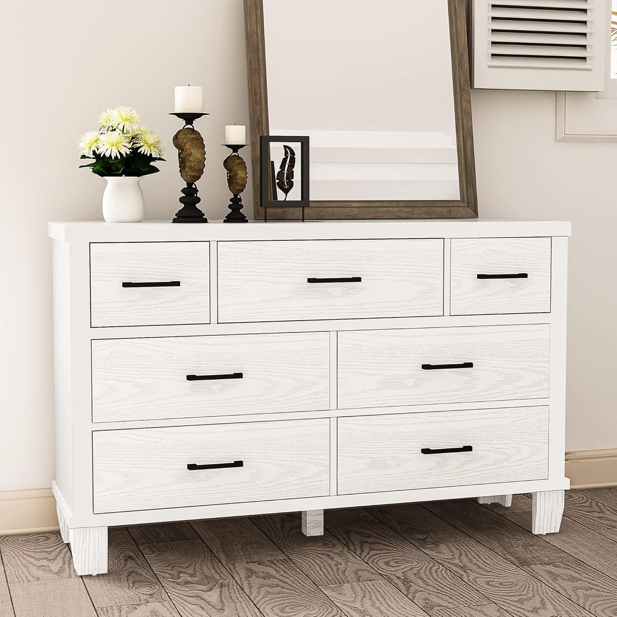 Dresser White with 7 Drawer Modern Wooden Dresser - 3-Tier Drawer Chest