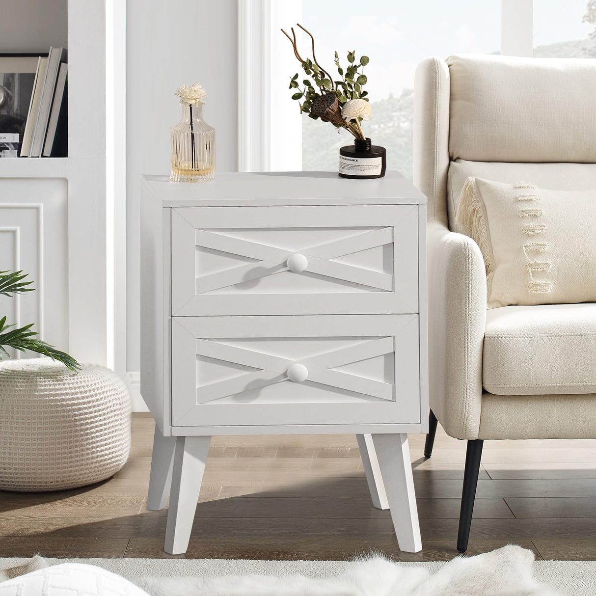 Nightstand Set of 2, White End Table with 2 Drawers Barn Door Decorated