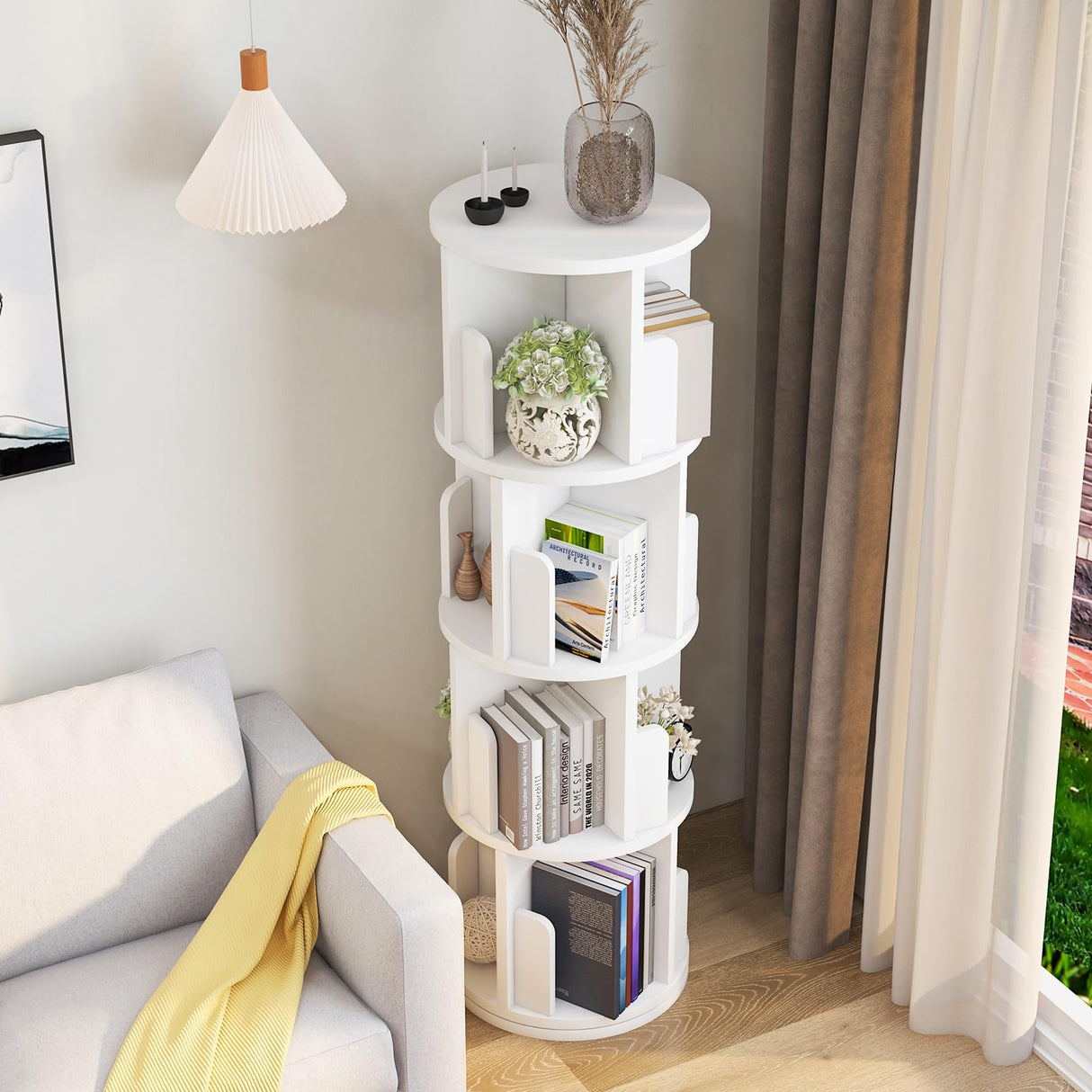 oneinmil 360° Rotating Bookshelf, Small Corner Bookcase with Small Footprint, 4 Tier Standing Bookcase for Kids&Adults, Wood Bookshelf Designed for Living Room, White