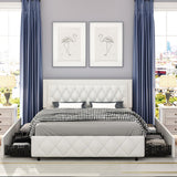 Full Size Bed Frame with 4 Drawers and Diamond Headboard, Upholstered Bed Frame Full,