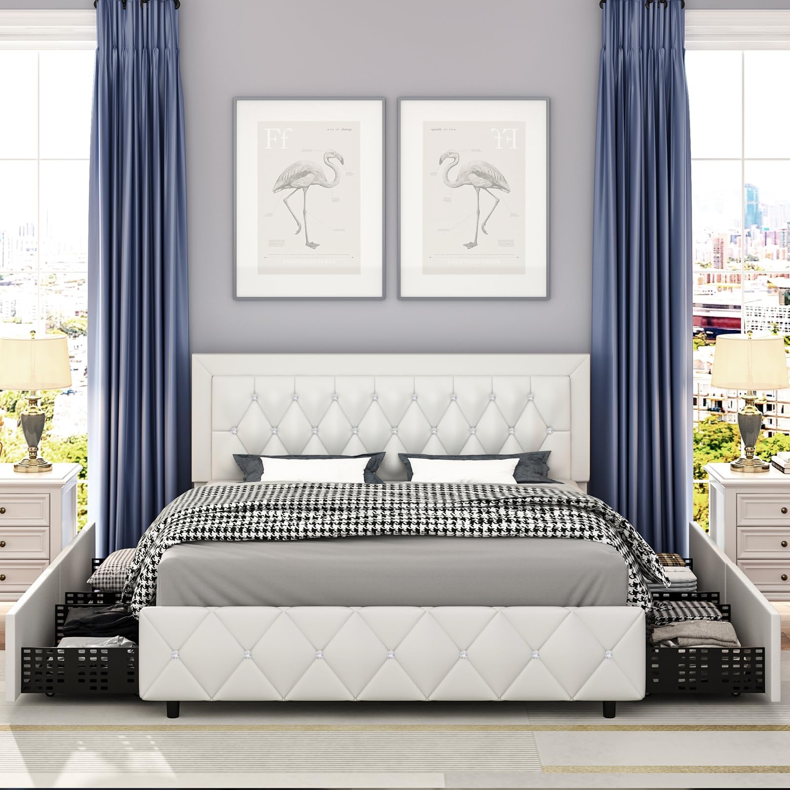 Full Size Bed Frame with 4 Drawers and Diamond Headboard