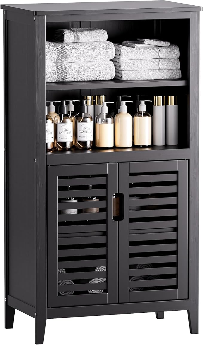 Walnut Bathroom Floor Cabinet, Bamboo Side Tall Storage Organizer