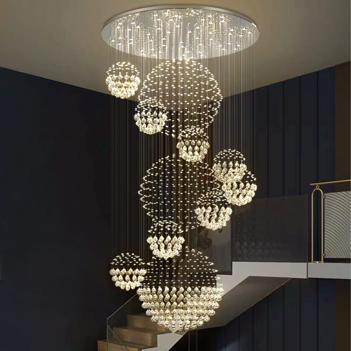 Modern Foyer Chandeliers for High Ceiling, Large Staircase Chandelier with Spiral Sphere