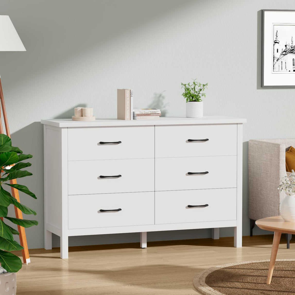 JOZZBY Dresser for Bedroom with 6 Drawers, Modern White Dresser with Metal Handles, Wood Storage Organizer Chest of Drawers for Nursery, Hallway