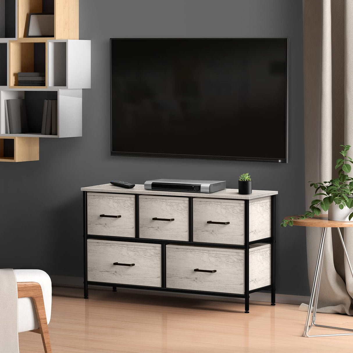 Dresser with 5 Faux Wood Drawers - Storage Unit Organizer Chest for Clothes