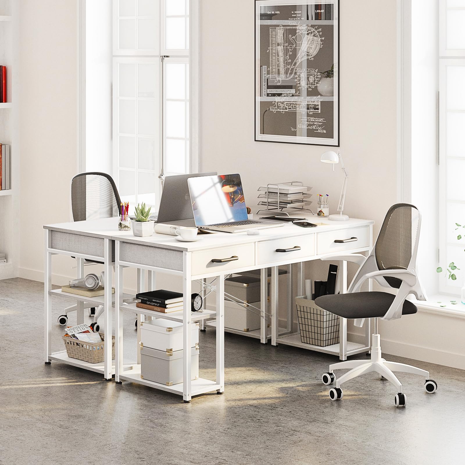 Office Small Computer Desk: Home Table with Fabric Drawers & Storage Shelves