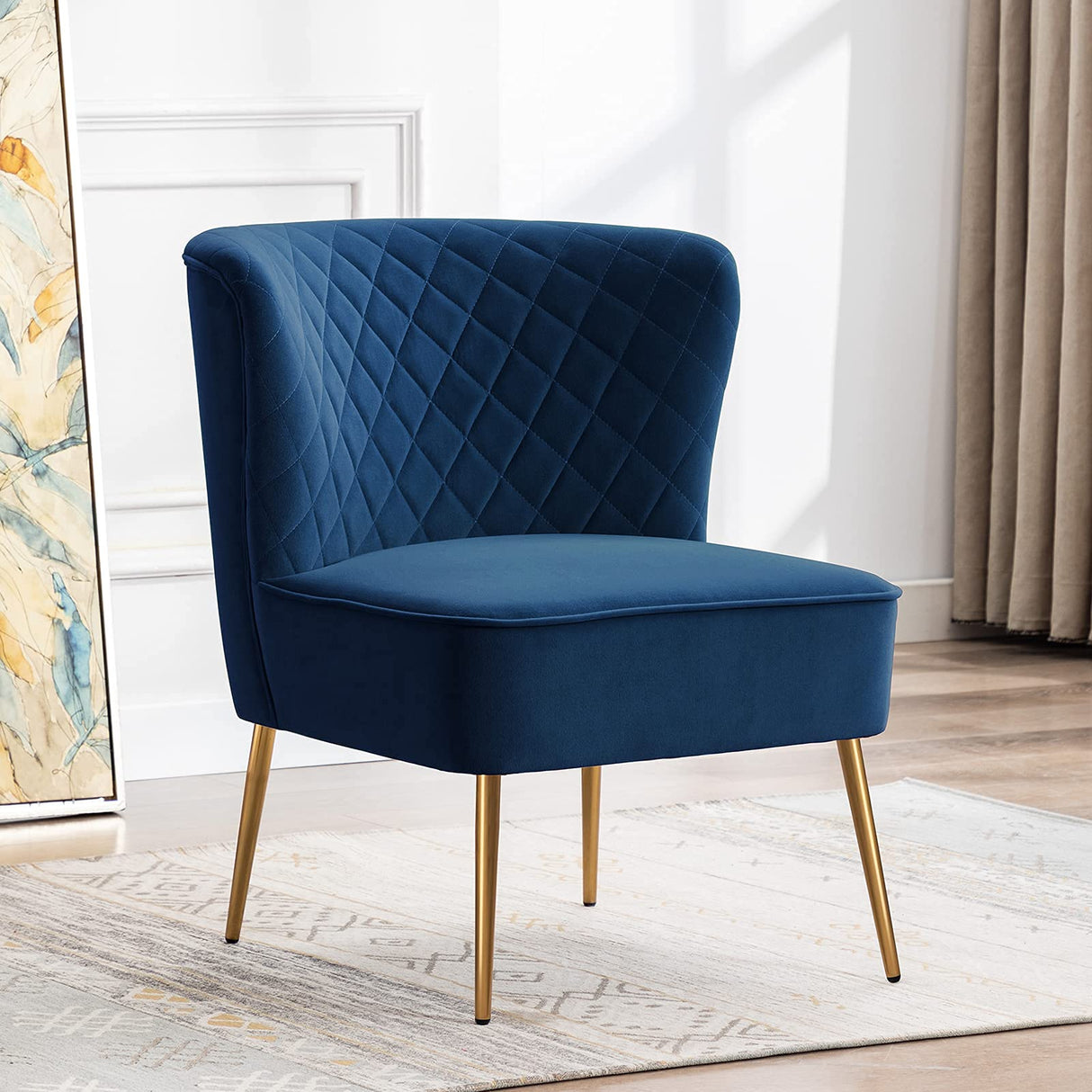 DUHOME Velvet Accent Chair, Armless Slipper Chair,Vanity Chairs Makeup Chair with Back, Upholstered Sofa Chair with Golden Legs Barrel Chair for Living Room, Bedroom Blue