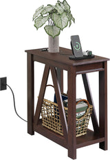 Farmhouse End Table, Narrow Side Table with Charging Station, Slim End Table