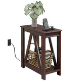 Narrow End Table with Charging Station of Open Storage Shelf，Sofa Side Table