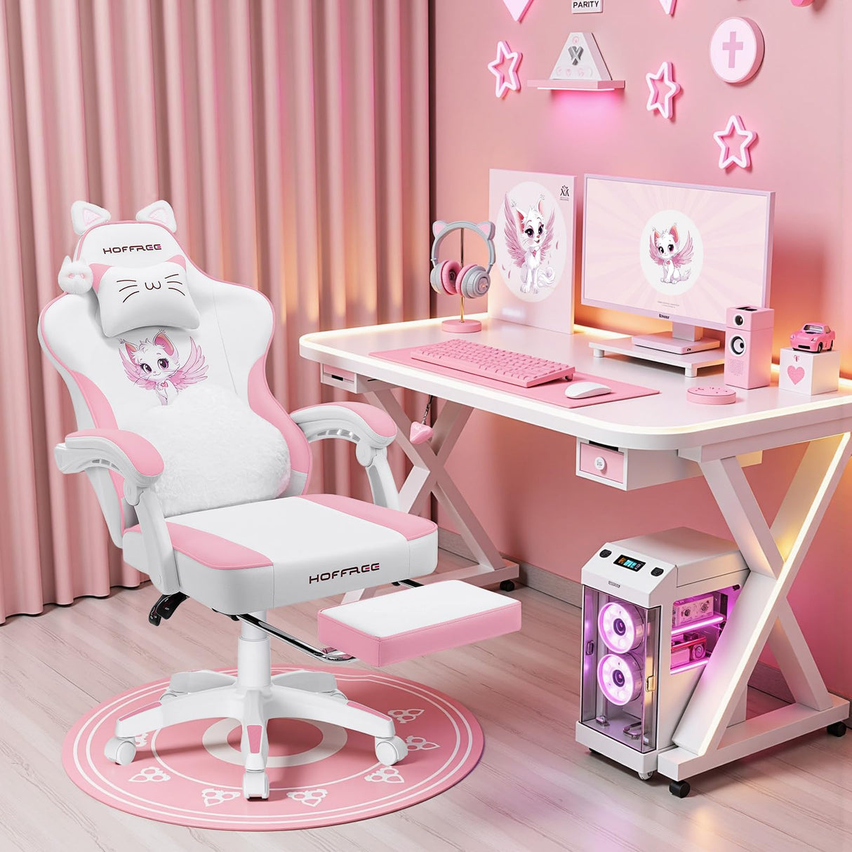 Pink Gaming Chair with Cat Ears and Footrest