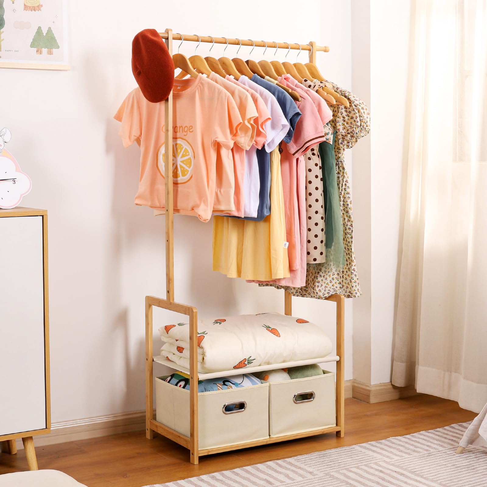 Kids Clothing Rack Bamboo with 2 Storage Baskets and 2 Adjustable Hanging Rods
