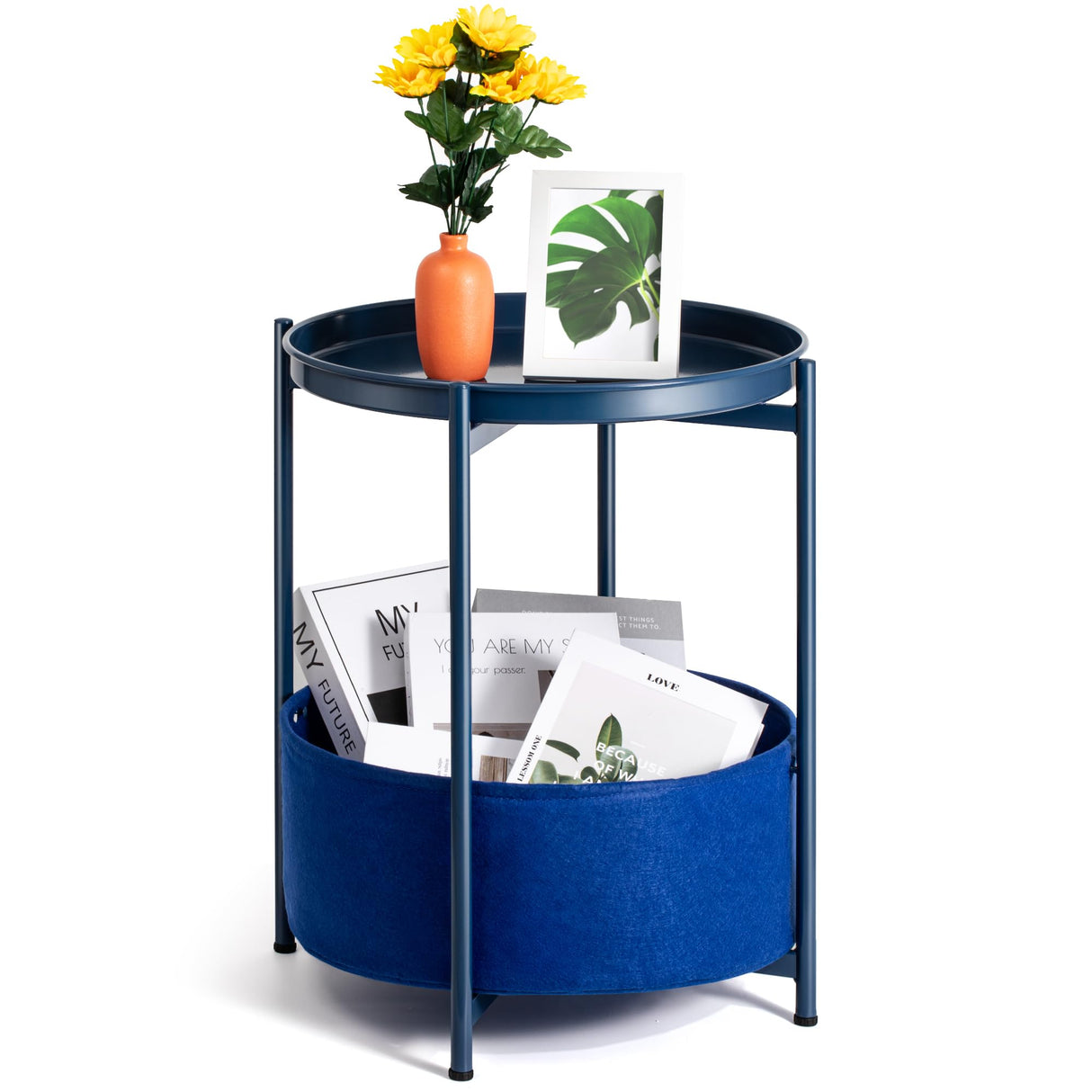 Round Side Table, Blue End Table with Storage Basket, Metal Night Stand