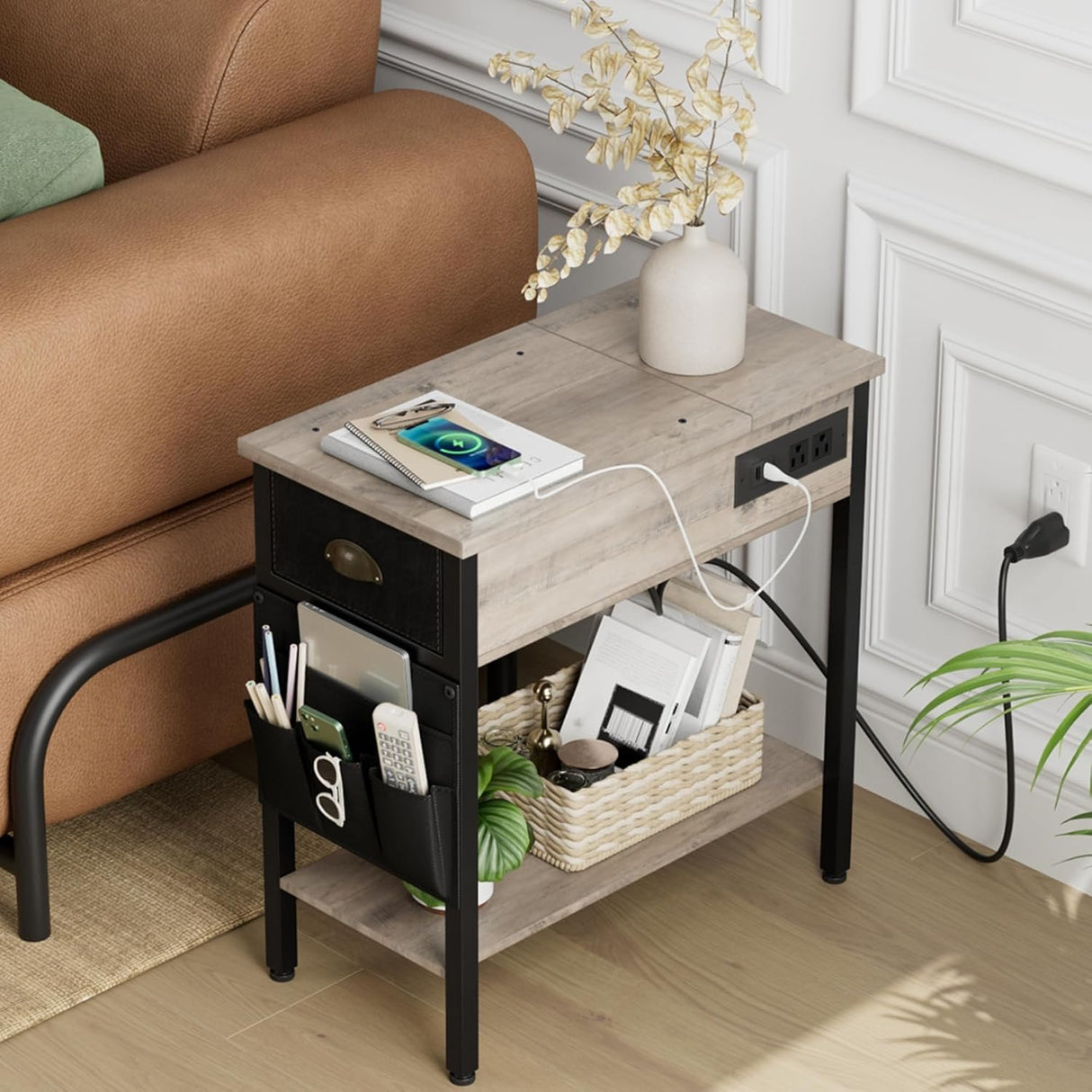 Set of 2 End Table with Charging Station, Night Stand/Sofa Couch Table/Bedside Table