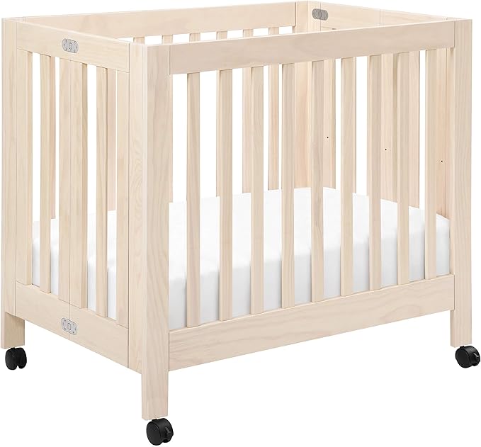 Origami Mini Portable Crib Folding with Wheels in White, 2 Adjustable Mattress Positions