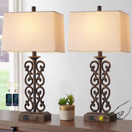 Set of 2 Farmhouse Touch Table Lamps for Living Room, 3 Way Dimmable with Dual USB