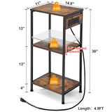 Asgolion Tall End Table with Charging Station, 3 Tier Narrow Tall Nightstand with Storage, Slim Side Table with USB Ports and Outlets for Bedroom, Living Room, Office, Rustic Brown and Black