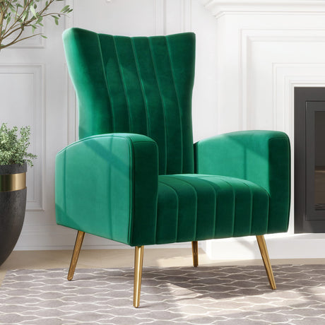 BELLEZE Velvet Accent Chairs for Living Room, Modern Wingback Vanity Chair Upholstered Arm Chair High Back Accent Chair with Metal Legs, Armrests for Living Room Bedroom- Kinsley (Green)