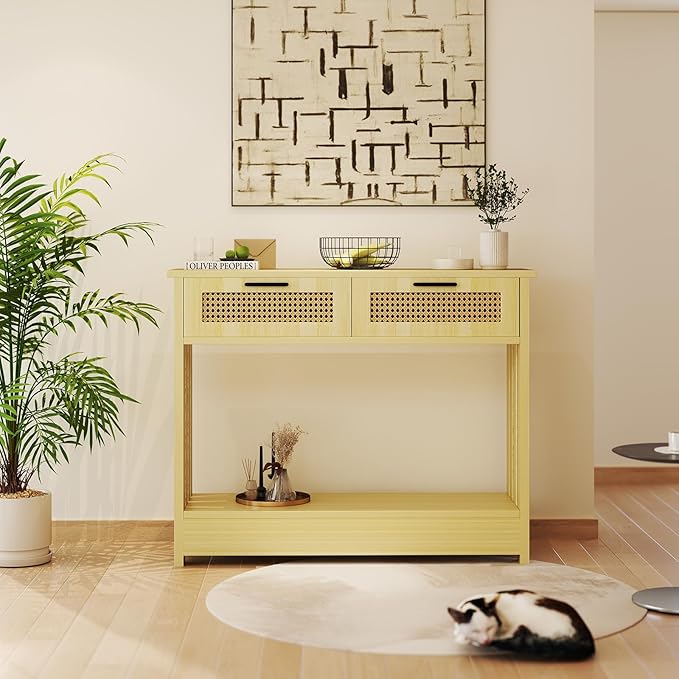 Rattan Console Table, 2-Tier Entryway Table with Drawers and Storage 68lbs