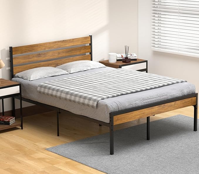 with Wood Headboard, Strong Wood Slats Support, Under Bed Storage, Noise-Free,