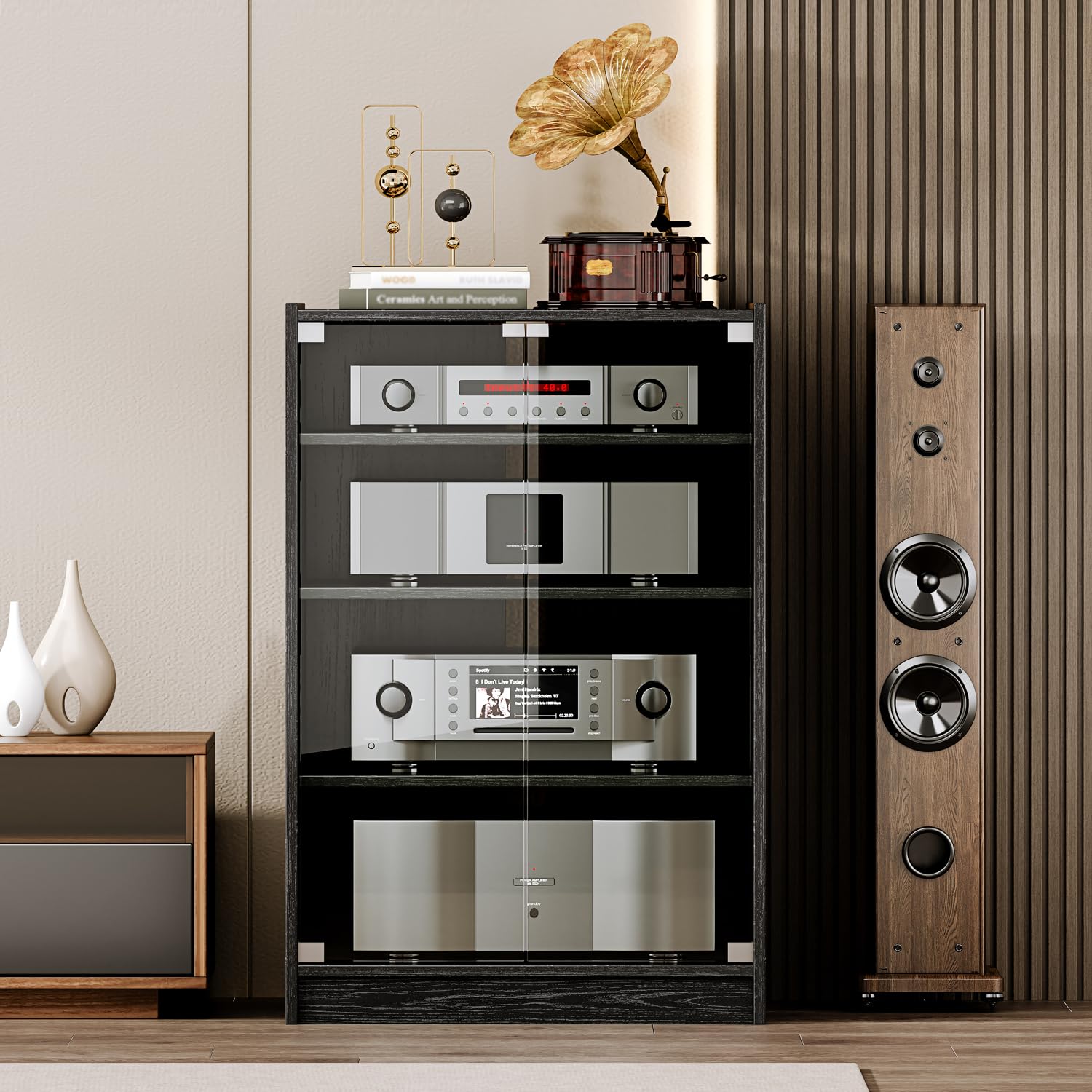 Modern Audio-Video Media Stand with 4 Height-Adjustable Shelves,AV Cabinet