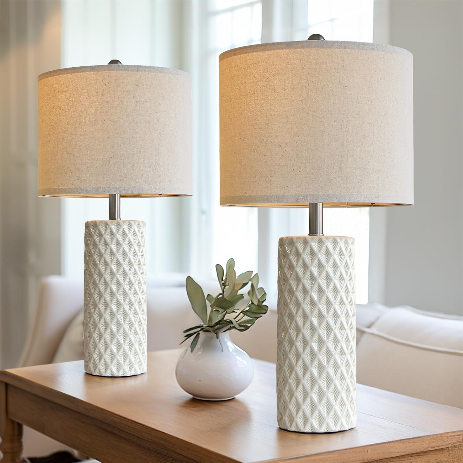 26" Tall Table Lamp for Living Room -Vintage White Lamps Set of 2 Modern Ceramic