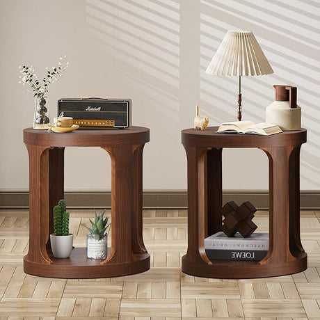 End Table Set of 2, Round Side Table with 2-Tier Storage, Accent Sofa Table for Living Room