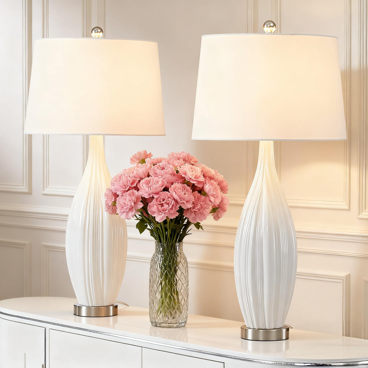 Maxax 31'' Tall Ceramic Table Lamps Set of 2, Large White Bedside Nightstand Lamps with White Shade Rustic End Table Lamps for Living Room Bedroom Office