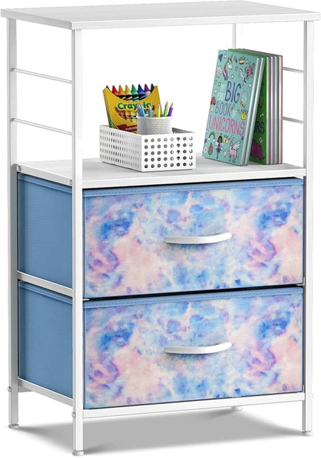 2 Drawer Shelf Storage Nightstand - Kids Bedside Furniture End Table Night Stand with Steel Frame Wood Top & Easy Pull Fabric Bins, Dresser & Chest for Home Bedroom Accessories Office & College