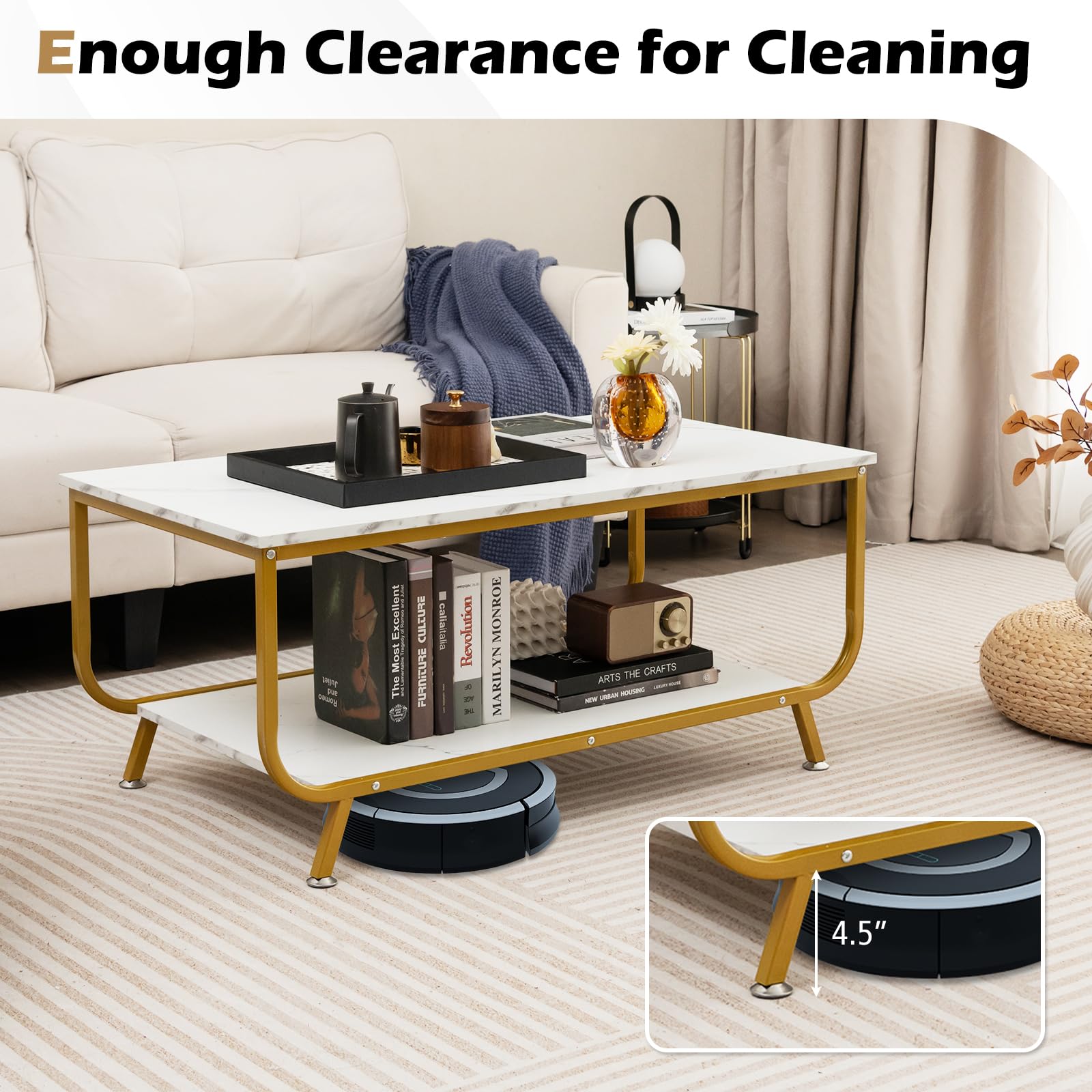 2-Tier Coffee Table, Rectangular Center Cocktail Table with Faux Marble