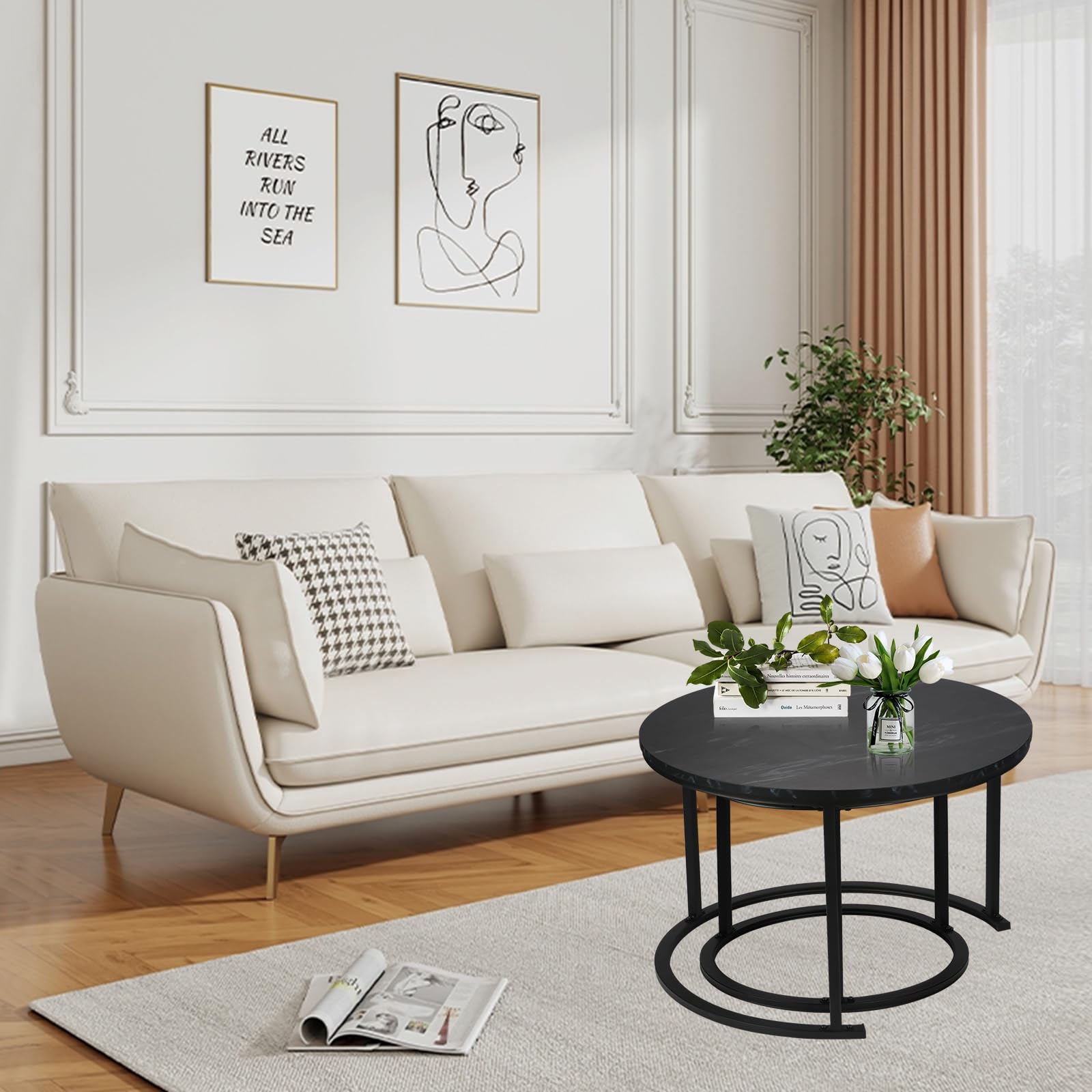 Round Modern Nesting Coffee Table Set of 2,Waterproof Faux Marble Wood Top
