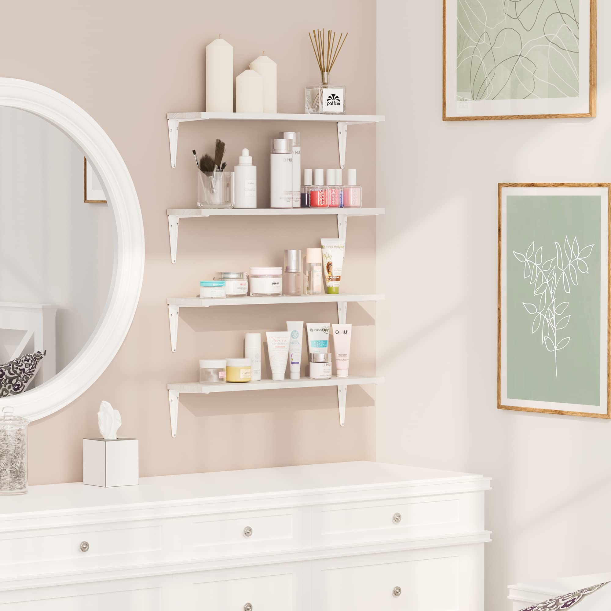 Arras Floating Shelves for Bathroom Decor, 24" White Bookshelves for Living Room