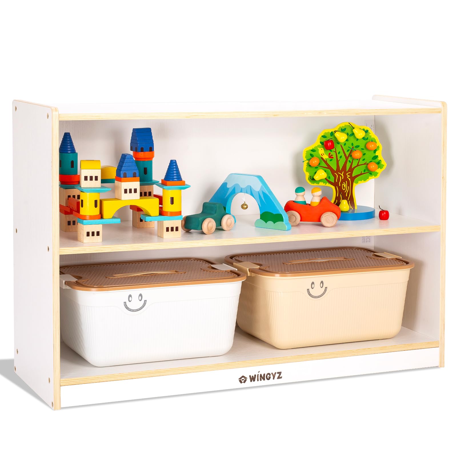 wingyz Kids Toy Storage Organizer, 2-Tier Wooden Storage Cabinet, Spacious Montessori Kids Bookshelf, Toy Shelf Storage Organizer for Playroom Classroom Nursery Study Living Room (White)