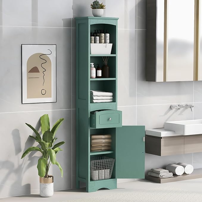 Freestanding Storage Cabinet with Drawer, Adjustable Shelves and Door,