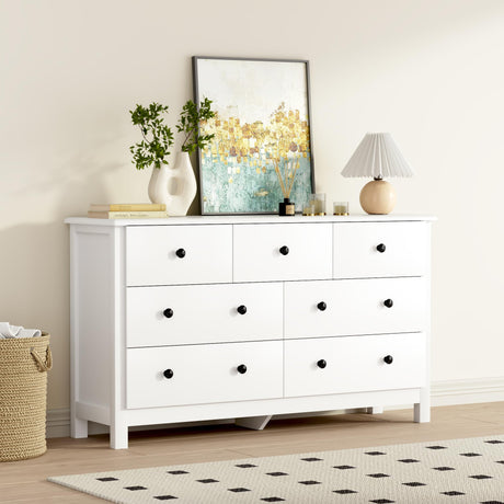 White Dresser for Bedroom, 7 Drawer Dresser & Chest of Drawer with Black Handle